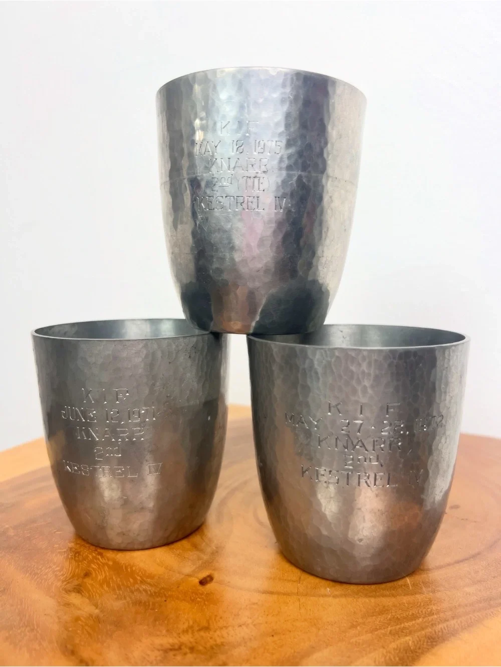 PORTER BLANCHARD 70’s Vintage Sail Boat Racing Hand Hammered Pewter Tumblers 3